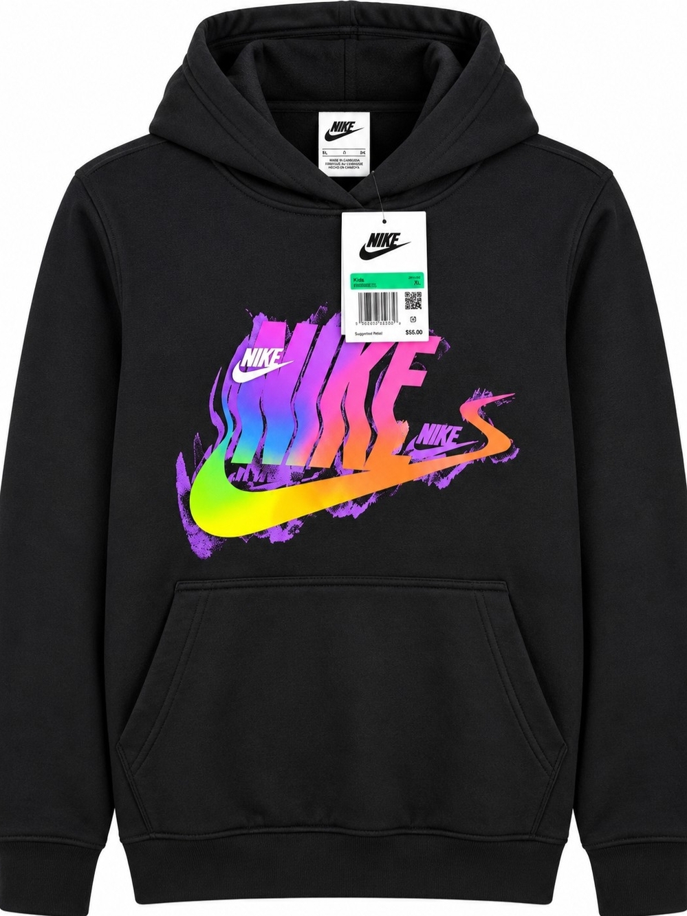 Nike Kids Black Hoodie with Neon Gradient Swoosh Graphic